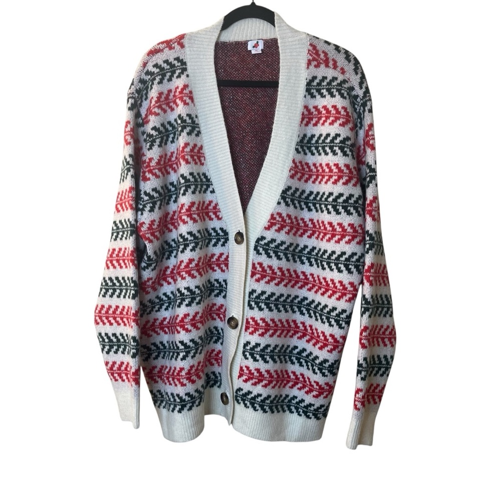 Happy Holidays Women’s Fair Isle Red & Green Stripe Button Front Cardigan Sz 1X